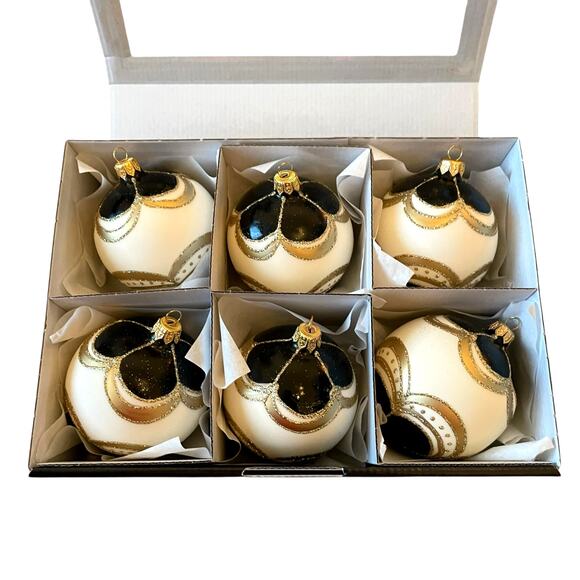 Set 6 Vitbis BLACK GOLD Glass Christmas Ornaments 3in Handcrafted in Poland NEW - Picture 2 of 15